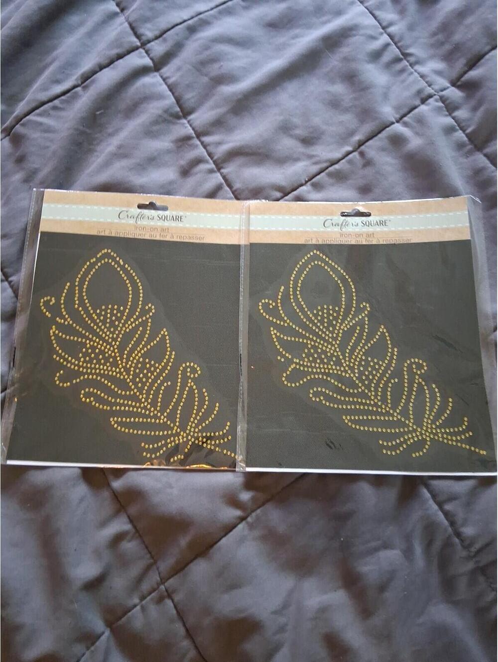 2 Iron on Applique Feather Bling Gold Color Rhinestones Large NWT 7" X 7"